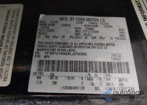 2008 Ford Expedition Limited z USA, uszkodzony, nr VIN 1FMFU19528LA70303